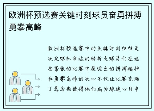 欧洲杯预选赛关键时刻球员奋勇拼搏勇攀高峰