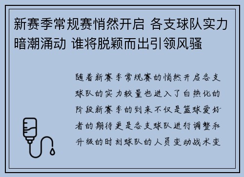 新赛季常规赛悄然开启 各支球队实力暗潮涌动 谁将脱颖而出引领风骚