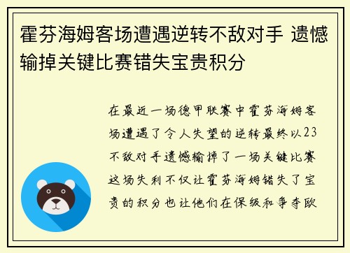 霍芬海姆客场遭遇逆转不敌对手 遗憾输掉关键比赛错失宝贵积分