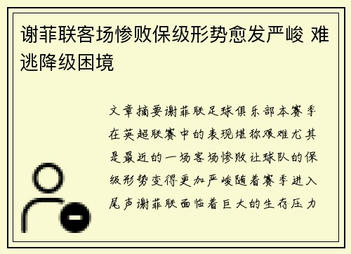 谢菲联客场惨败保级形势愈发严峻 难逃降级困境