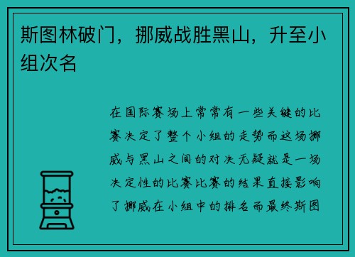 斯图林破门，挪威战胜黑山，升至小组次名