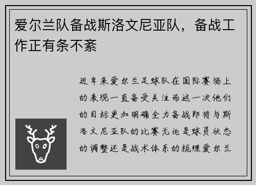 爱尔兰队备战斯洛文尼亚队，备战工作正有条不紊