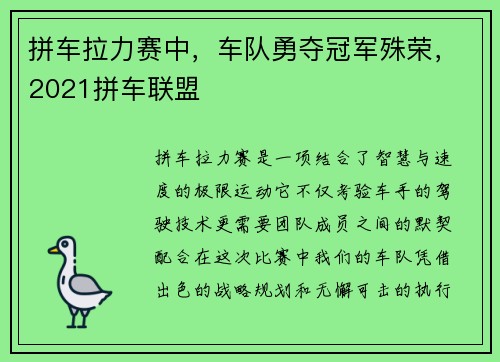 拼车拉力赛中，车队勇夺冠军殊荣，2021拼车联盟