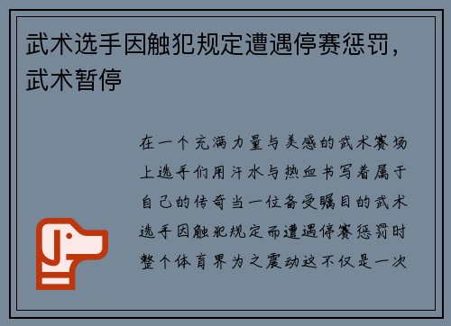 武术选手因触犯规定遭遇停赛惩罚，武术暂停