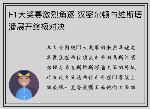 F1大奖赛激烈角逐 汉密尔顿与维斯塔潘展开终极对决