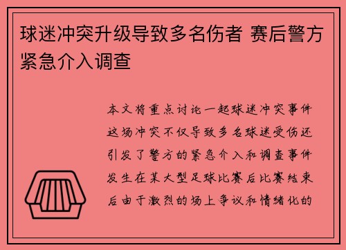 球迷冲突升级导致多名伤者 赛后警方紧急介入调查
