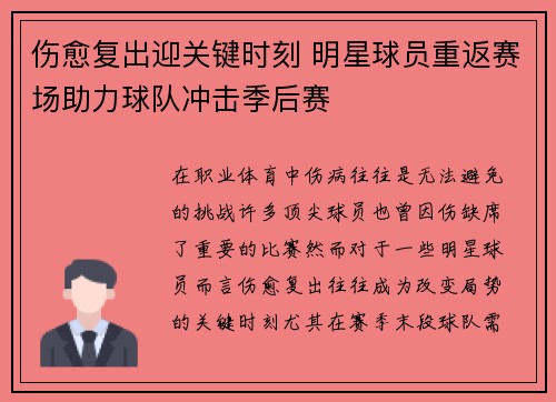 伤愈复出迎关键时刻 明星球员重返赛场助力球队冲击季后赛
