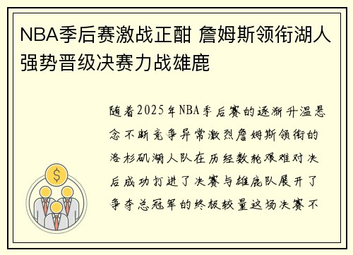 NBA季后赛激战正酣 詹姆斯领衔湖人强势晋级决赛力战雄鹿